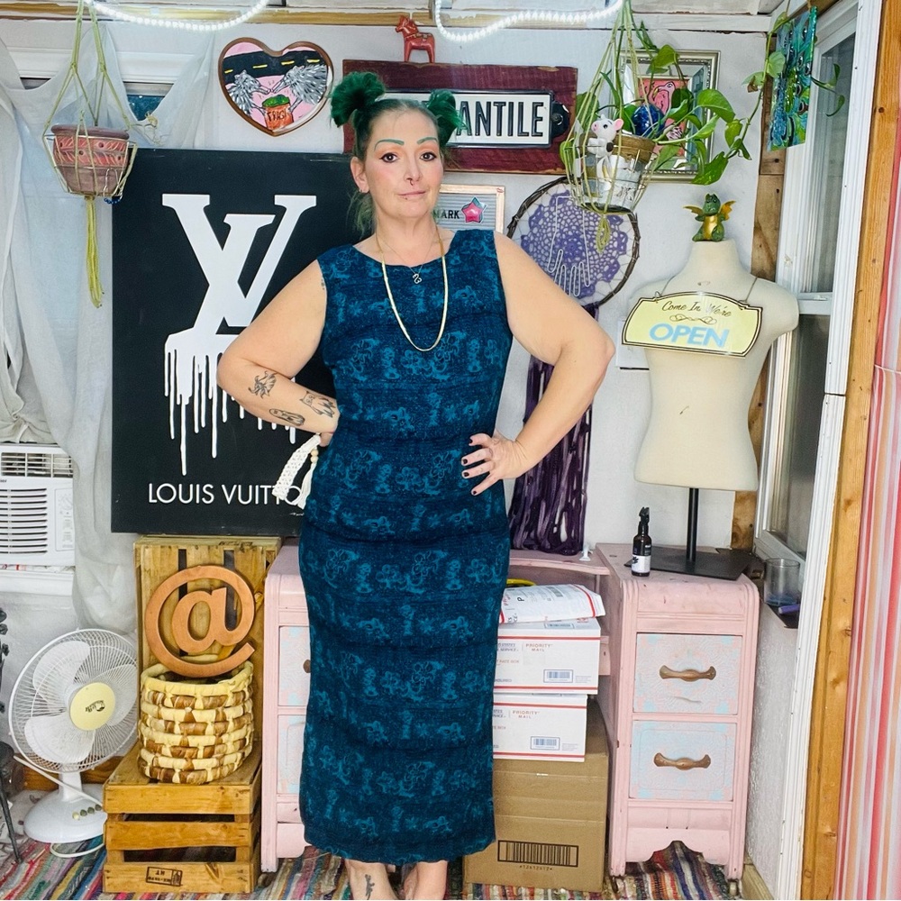 Courtenay Blue and Green Midi Pencil Dress for Cocktail size 6